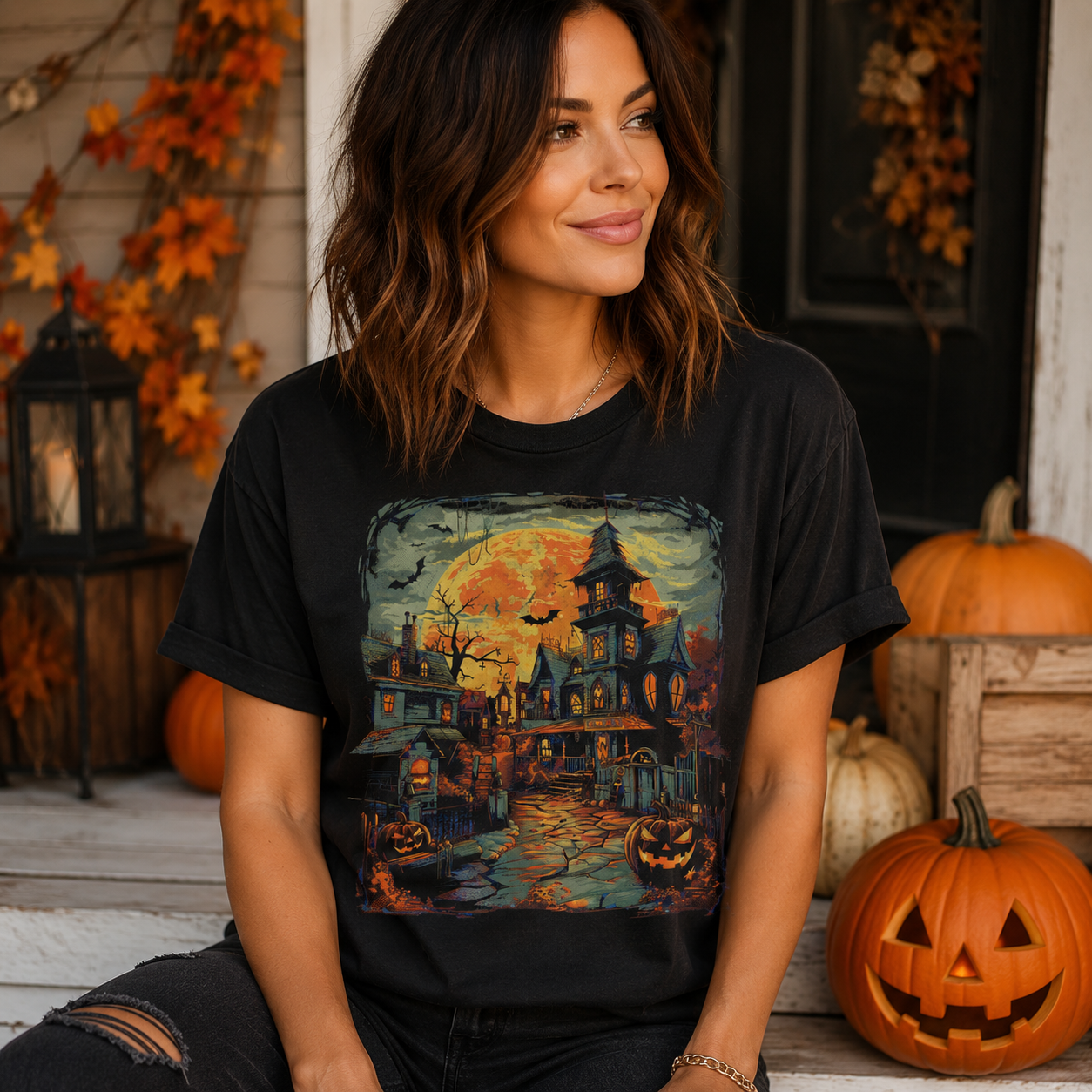 A woman wearing a black graphic t-shirt with a detailed Halloween haunted-house illustration, posed on a rustic porch with pumpkins and autumn decorations in the background.