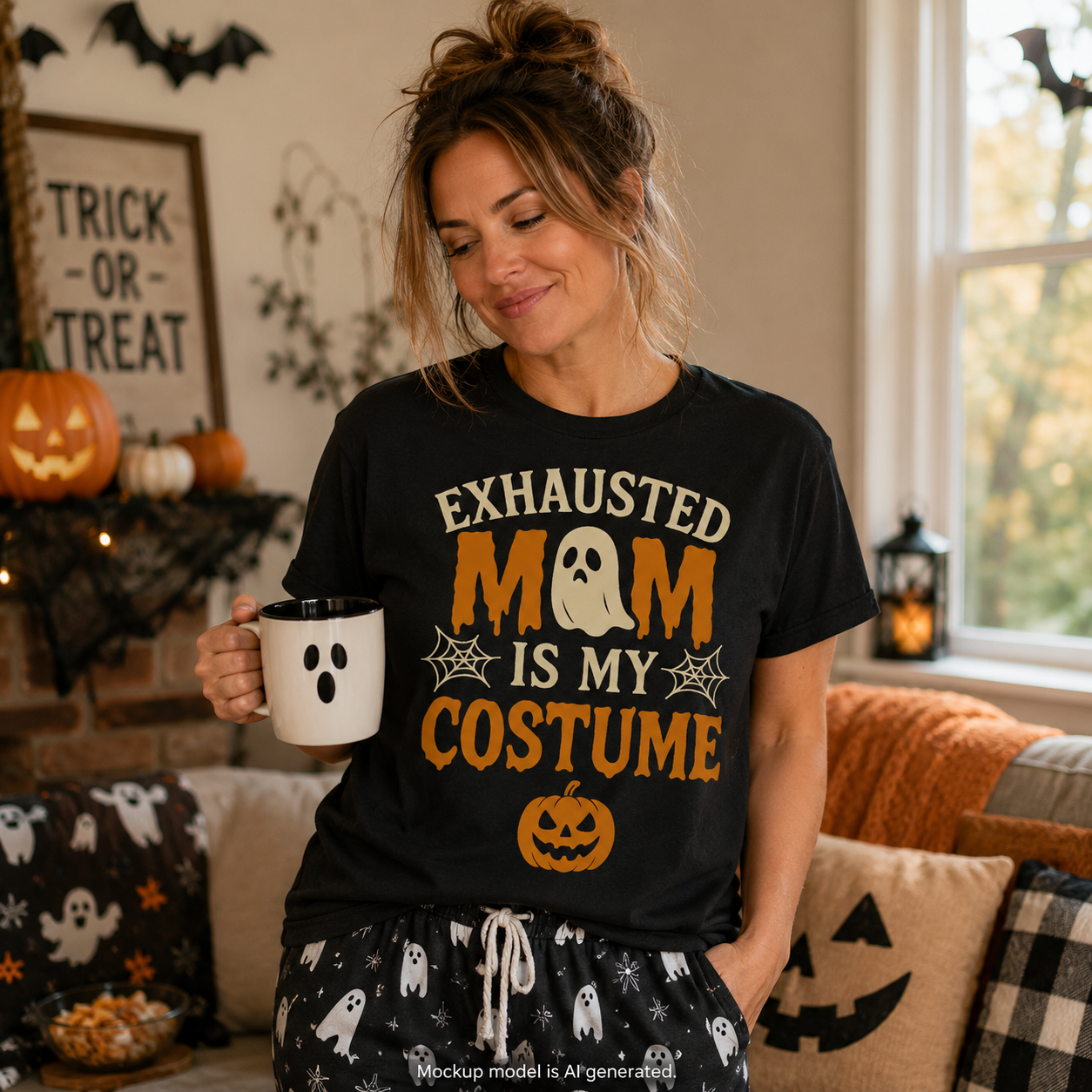 A woman in a cozy living room wearing a black graphic t-shirt that reads 'EXHAUSTED MOM IS MY COSTUME' in white and orange, paired with black pajama pants featuring a white ghost pattern. She is holding a white mug with a black face.