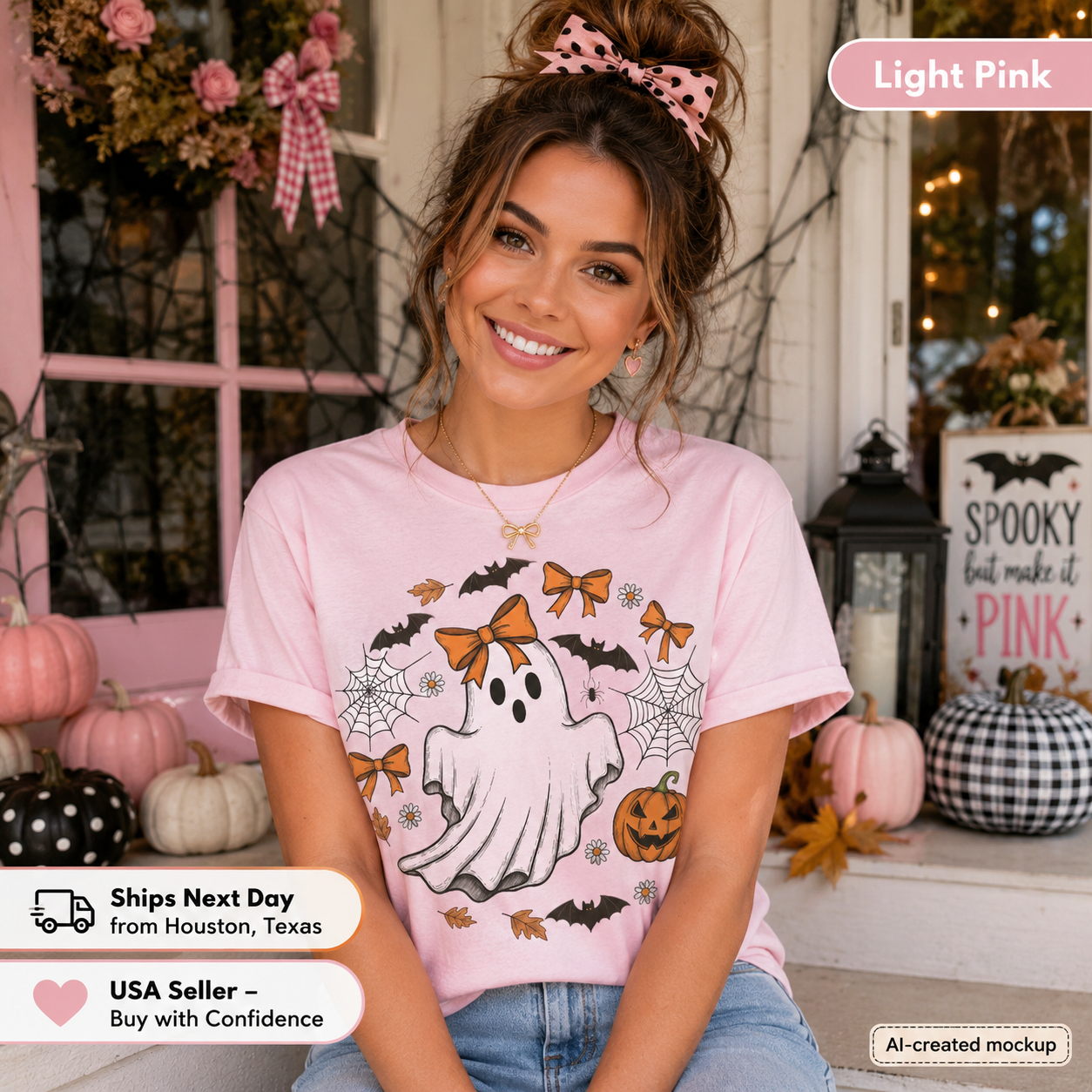 A woman wearing a light pink Halloween graphic t-shirt with a ghost, bats, and pumpkins, posed in a decorated porch setting with promotional text overlays.