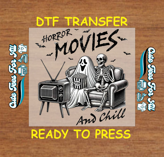 Ghost and skeleton on couch watching horror movies with popcorn and old TV, text reads Horror Movies and Chill

