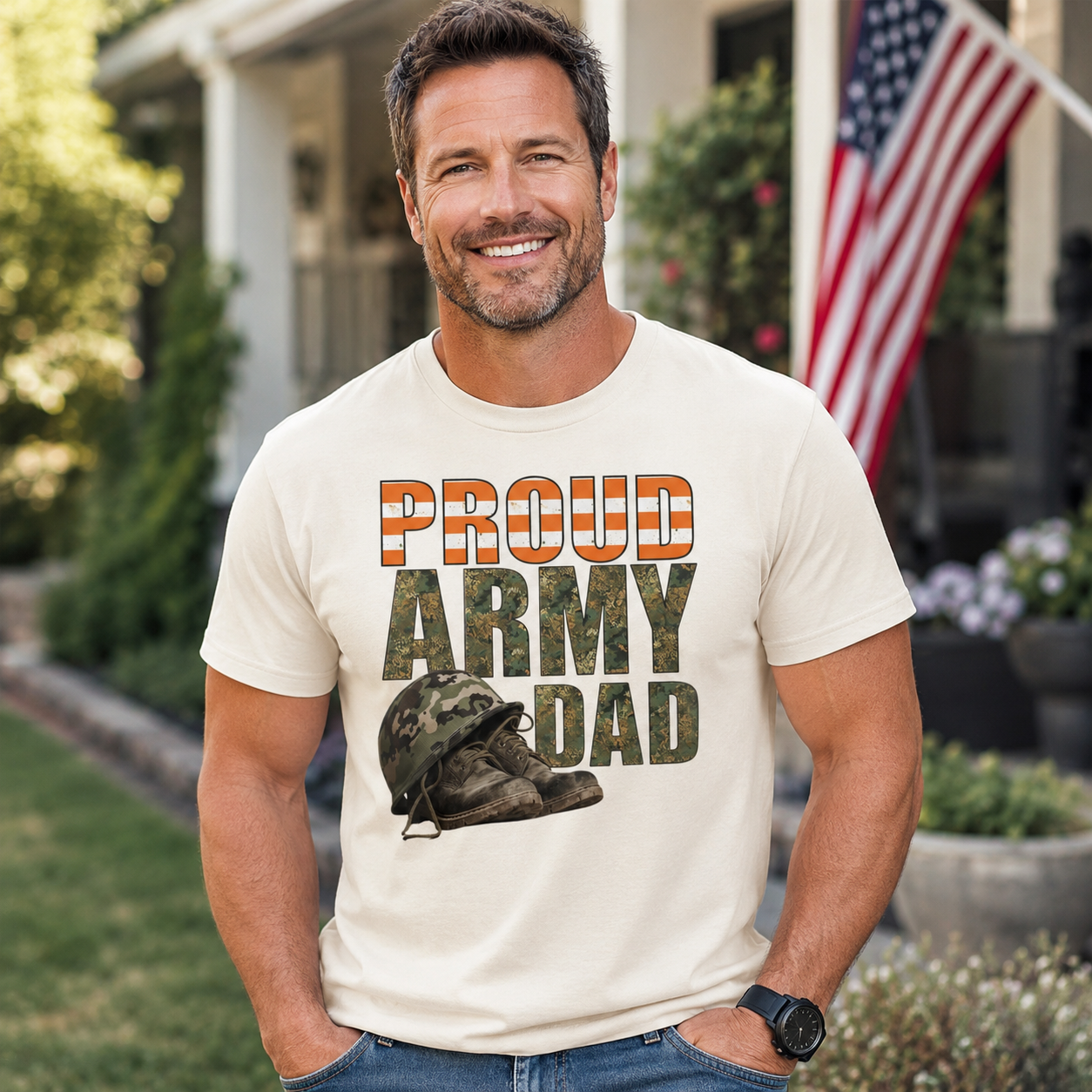 Man wearing a 'Proud Army Dad' t-shirt in front of a house with an American flag.