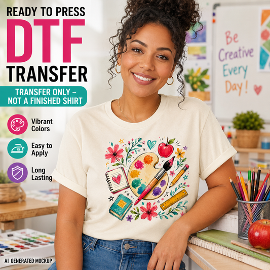 Woman wearing a t-shirt with a colorful design in a classroom setting, promoting DTF transfer products.