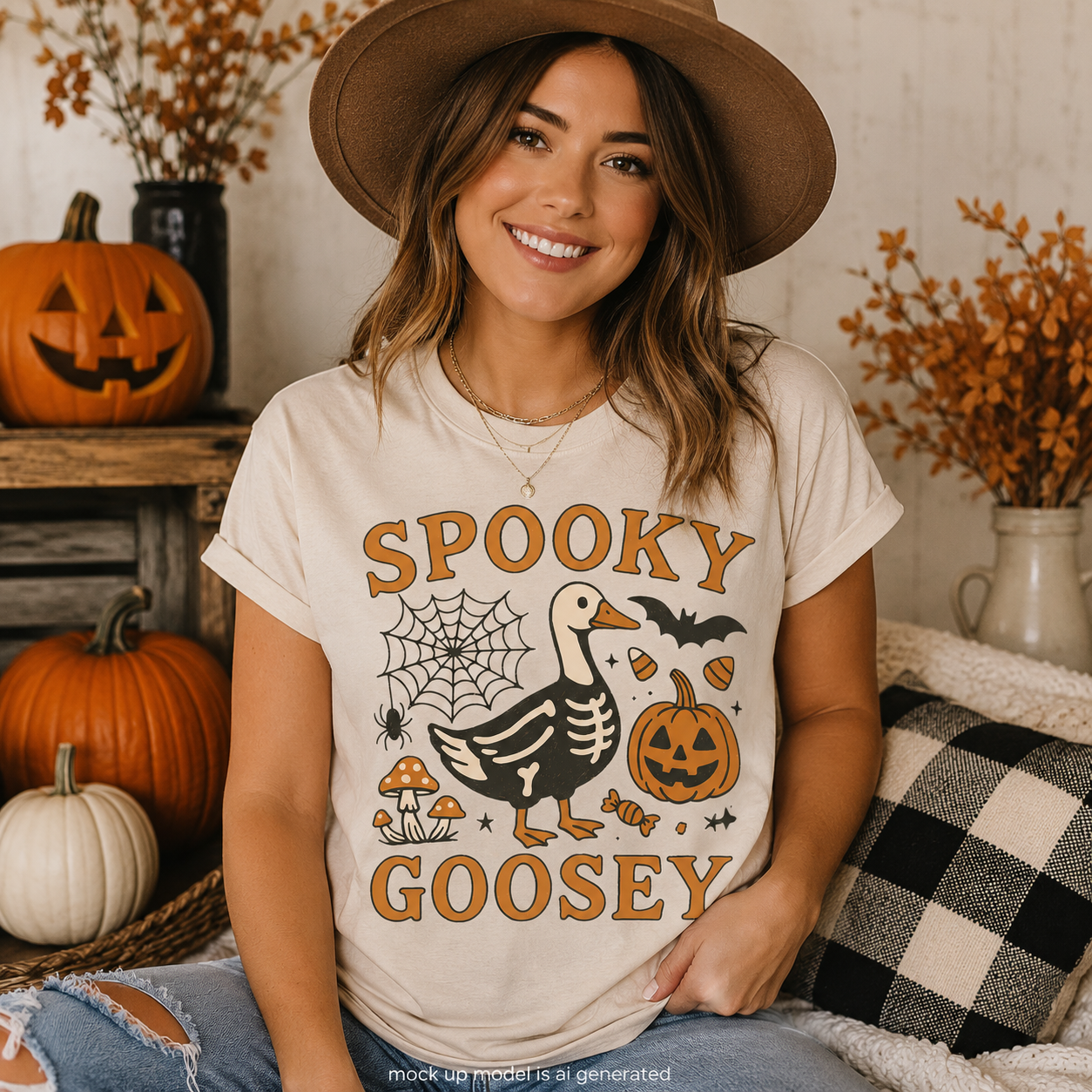 A woman wearing a tan wide-brim hat and a cream-colored graphic t-shirt that reads 'SPOOKY GOOSEY' with a goose, pumpkin, spider, and bat illustration. She is sitting in a cozy, autumn-themed setting with pumpkins, a checkered pillow, and dried flowers.