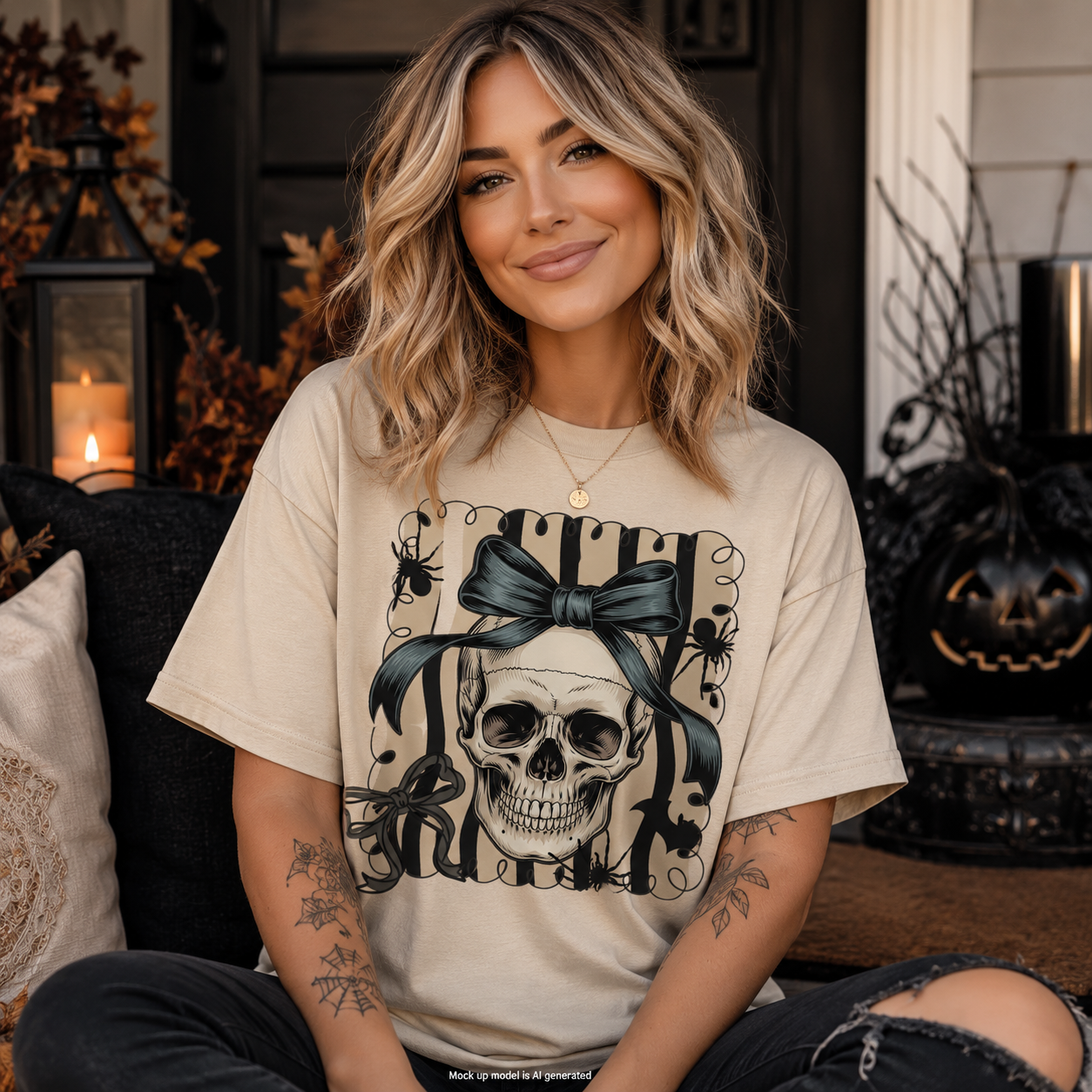 A woman wearing a beige graphic t-shirt with a skull and bow design, posed in a cozy, dark-themed Halloween setting with candles and a jack-o'-lantern.