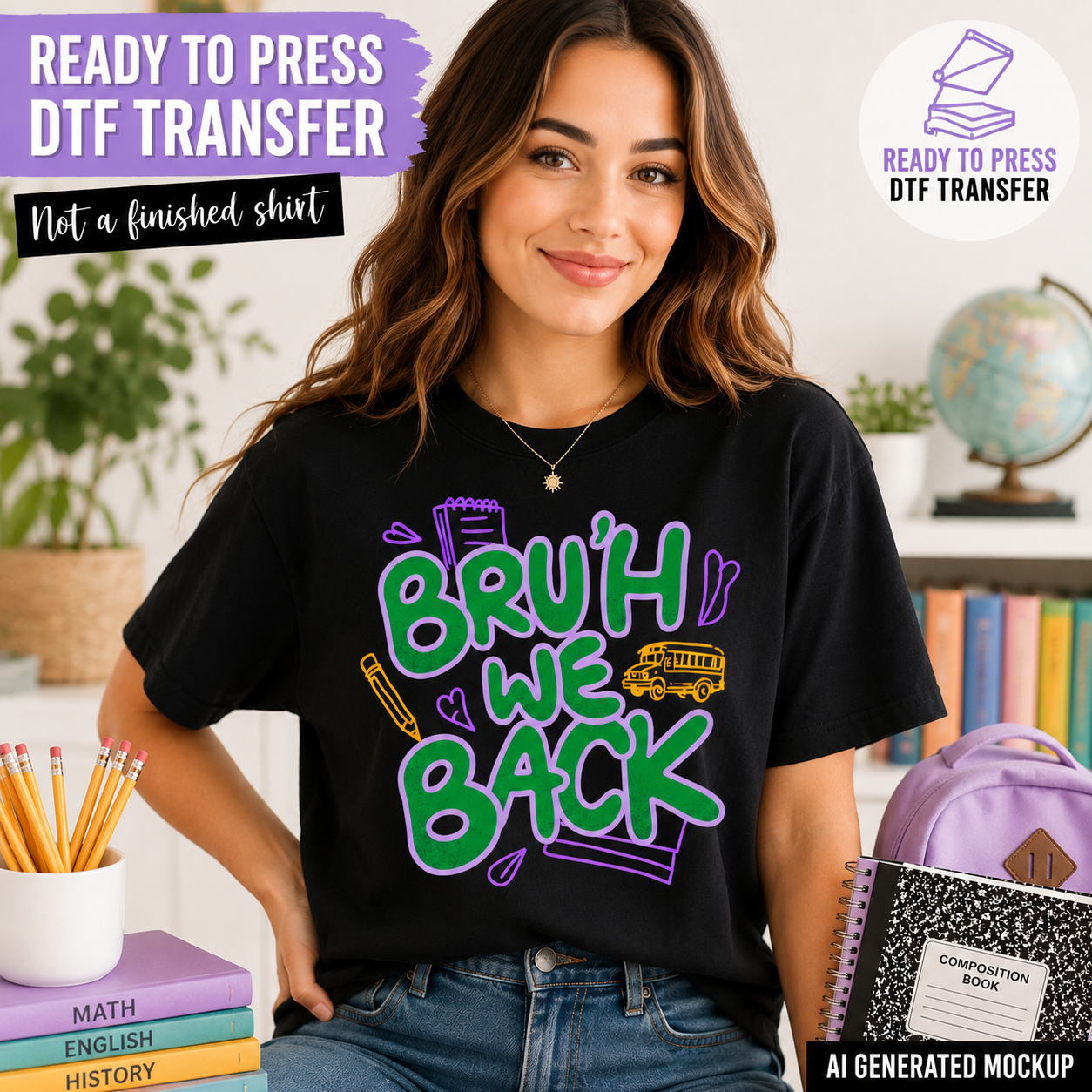Woman wearing a black t-shirt with colorful text, surrounded by school supplies and decor.