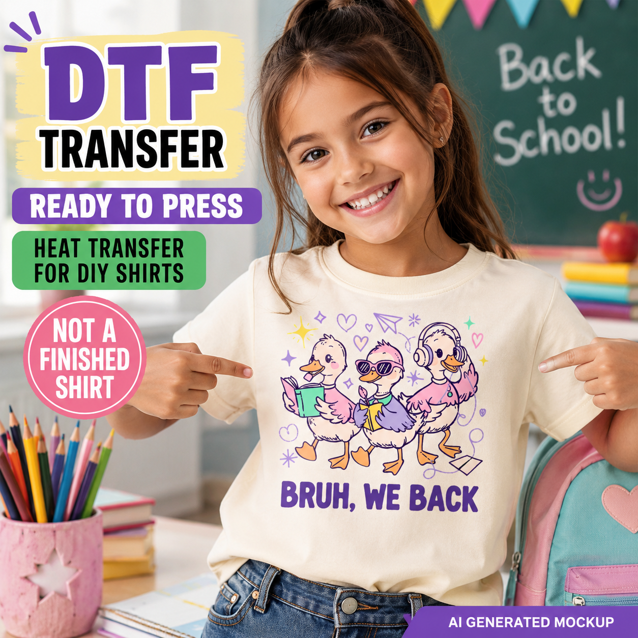 Child wearing a t-shirt with a duck design and 'Back to School' text, with promotional text about DTF transfers.