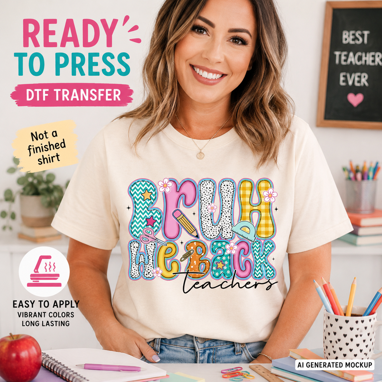 Woman wearing a t-shirt with ' Bruh we back, teachers' design, surrounded by school supplies.