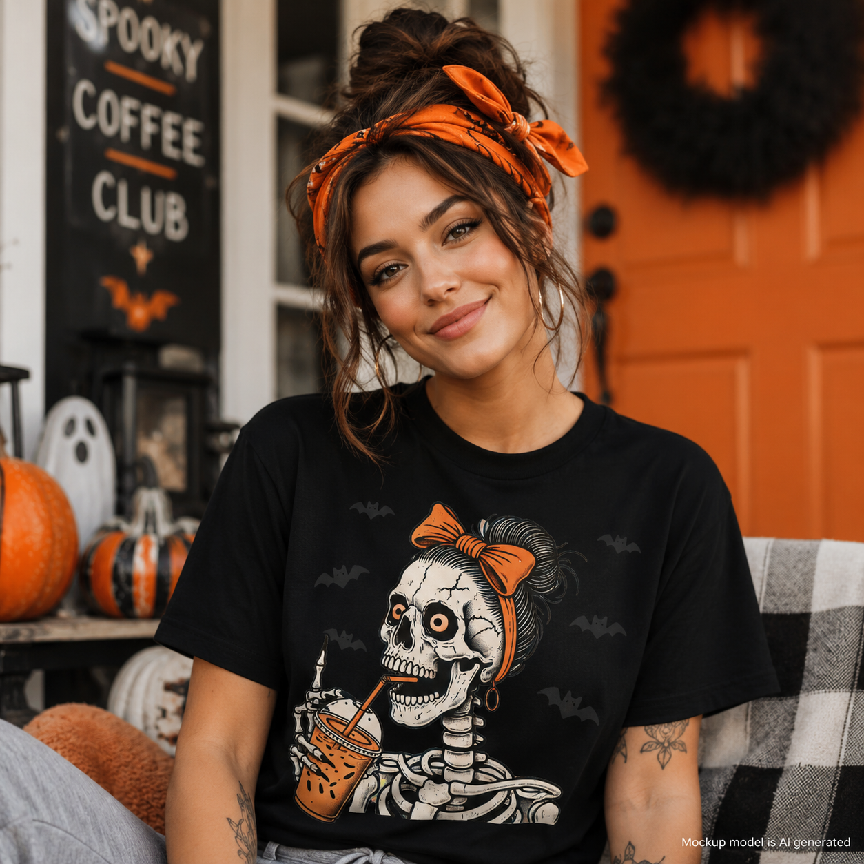 A woman wearing a black graphic t-shirt with a skeleton holding an iced coffee and an orange headband graphic, posed in a cozy, decorated Halloween-themed room with pumpkins and an orange door.