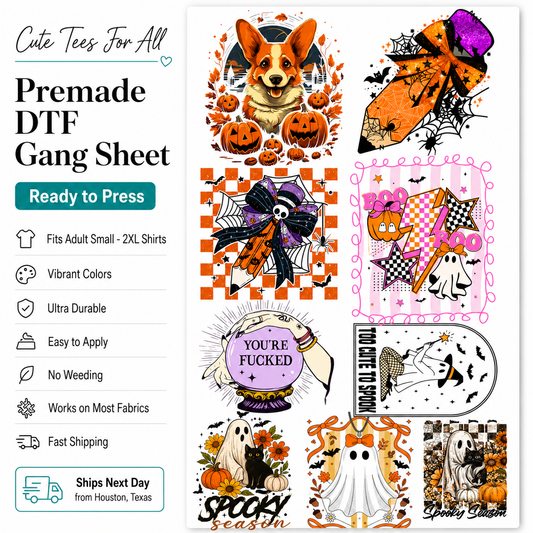 A promotional graphic for a premade DTF gang sheet featuring multiple Halloween-themed shirt print designs. The left side lists product features like 'Cute Tees For All,' 'Premade DTF Gang Sheet,' 'Ready to Press,' and shipping details.