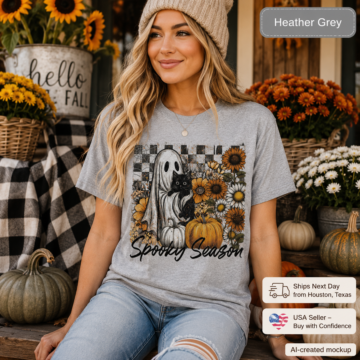 A woman wearing a heather grey t-shirt with a 'Spooky Season' Halloween graphic, styled in a rustic fall-themed setting with pumpkins, sunflowers, and a beanie.