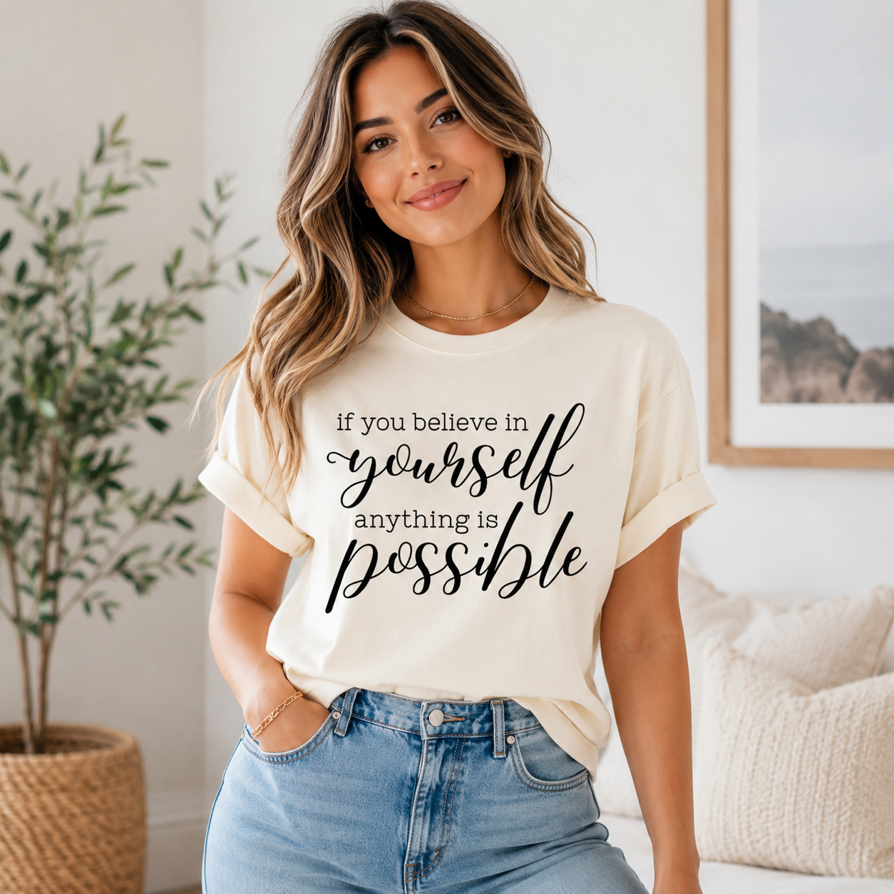 Cream shirt mockup featuring an inspirational ready to press dtf transfer with the phrase if you believe in yourself anything is possible in black typography.