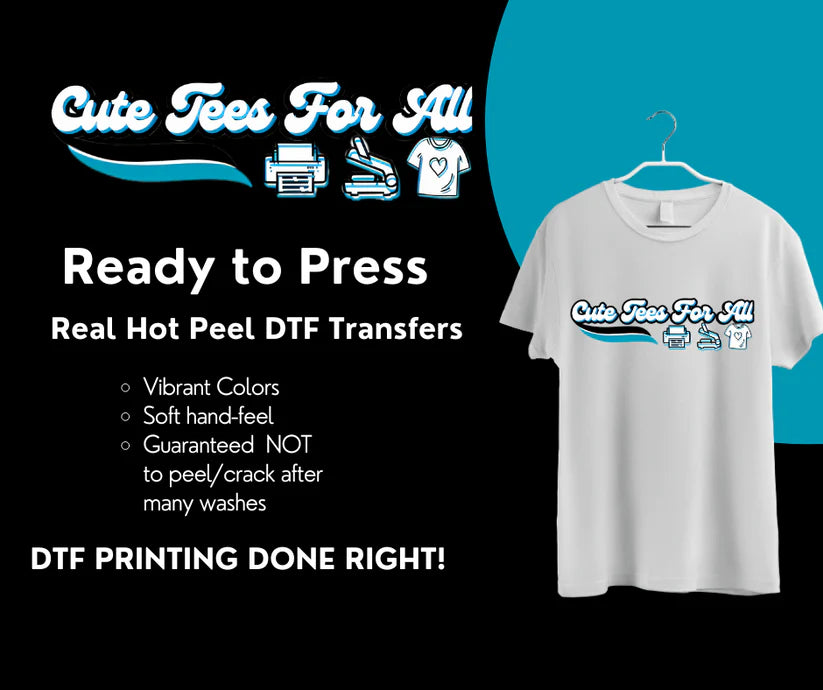 White t-shirt with 'Cute Tees For All' design on a black background with promotional text.