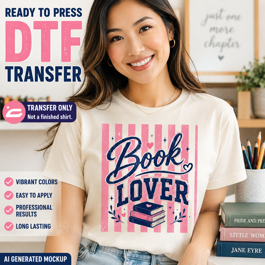 Woman wearing a 'Book Lover' t-shirt with DTF transfer text and product features.