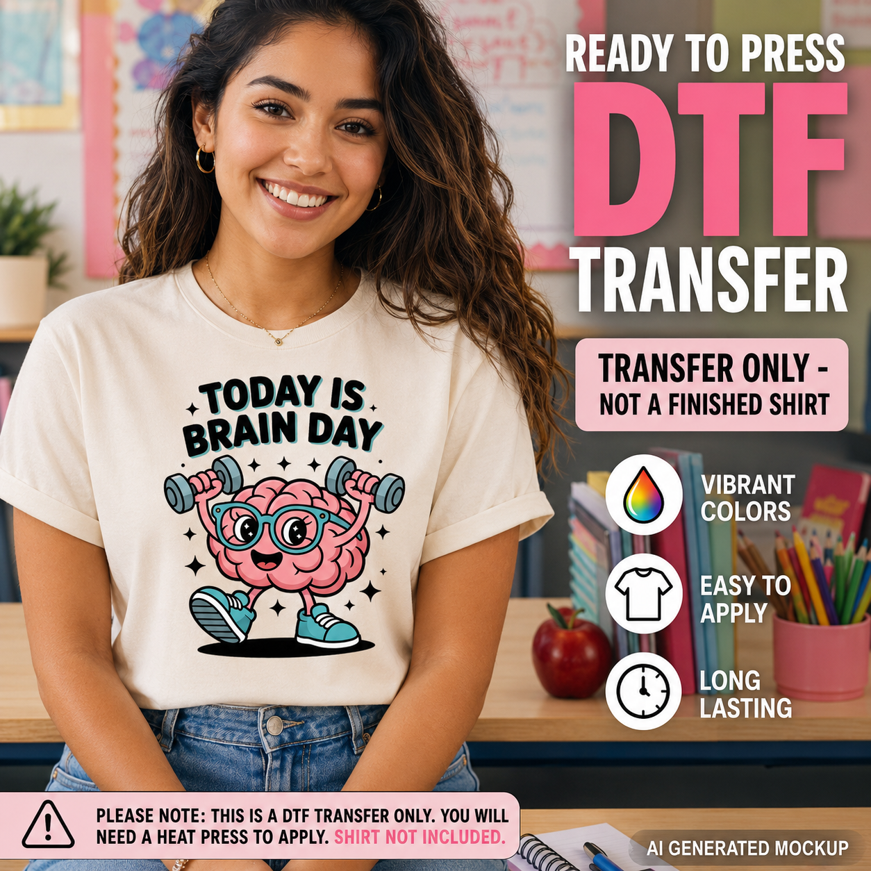 Woman wearing a t-shirt with a brain graphic and text, with promotional text for DTF transfers.