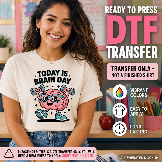 Woman wearing a t-shirt with a brain graphic and text, with promotional text for DTF transfers.