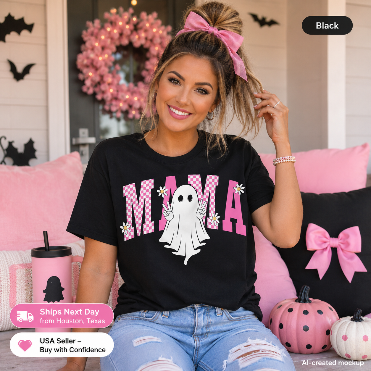 A woman wearing a black graphic t-shirt with 'MAMA' in pink gingham letters and a white ghost graphic, sitting on a pink couch with Halloween decorations.