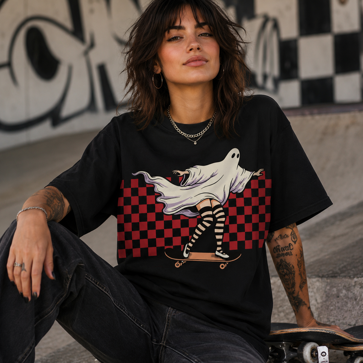 A woman wearing a black graphic t-shirt with a ghost riding a skateboard over a red and black checkered background, sitting on a skateboard at an outdoor skatepark.