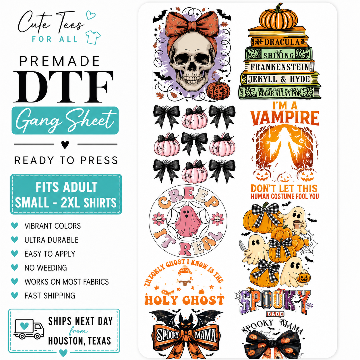 A promotional graphic for a premade DTF gang sheet featuring multiple Halloween-themed graphic designs on a white background, with text listing features such as fit, colors, durability, and shipping details.
