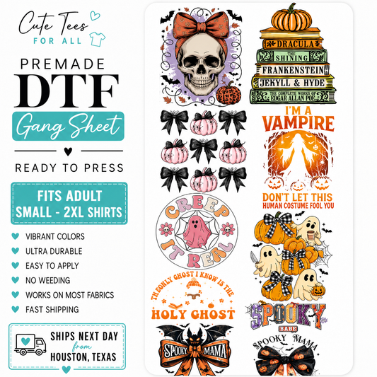 A promotional graphic for a premade DTF gang sheet featuring multiple Halloween-themed graphic designs on a white background, with text listing features such as fit, colors, durability, and shipping details.