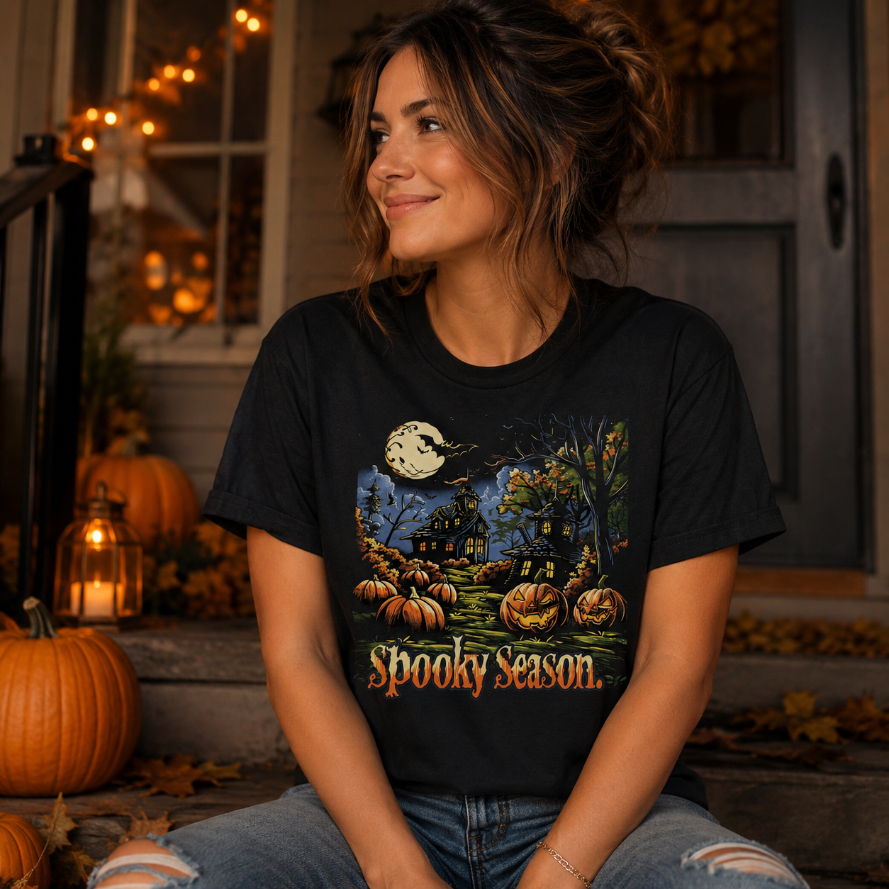 A woman wearing a black graphic t-shirt with a 'Spooky Season' Halloween scene, sitting on a porch decorated with pumpkins and warm string lights.