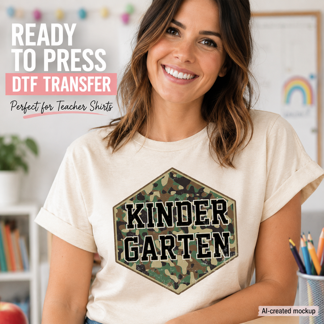 Woman wearing a t-shirt with 'KINDER GARTEN' print in a classroom setting