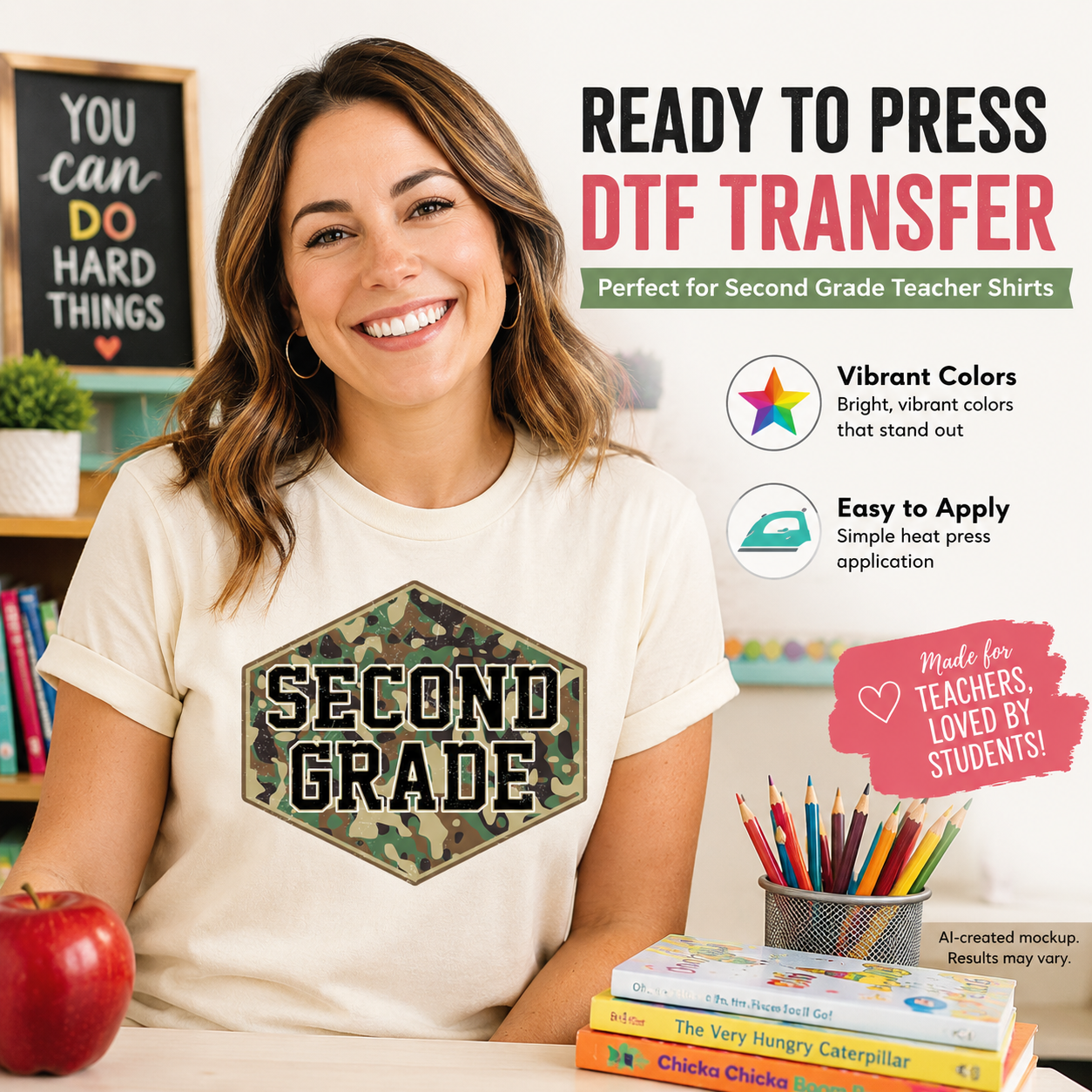 Woman wearing a 'SECOND GRADE' t-shirt with classroom background