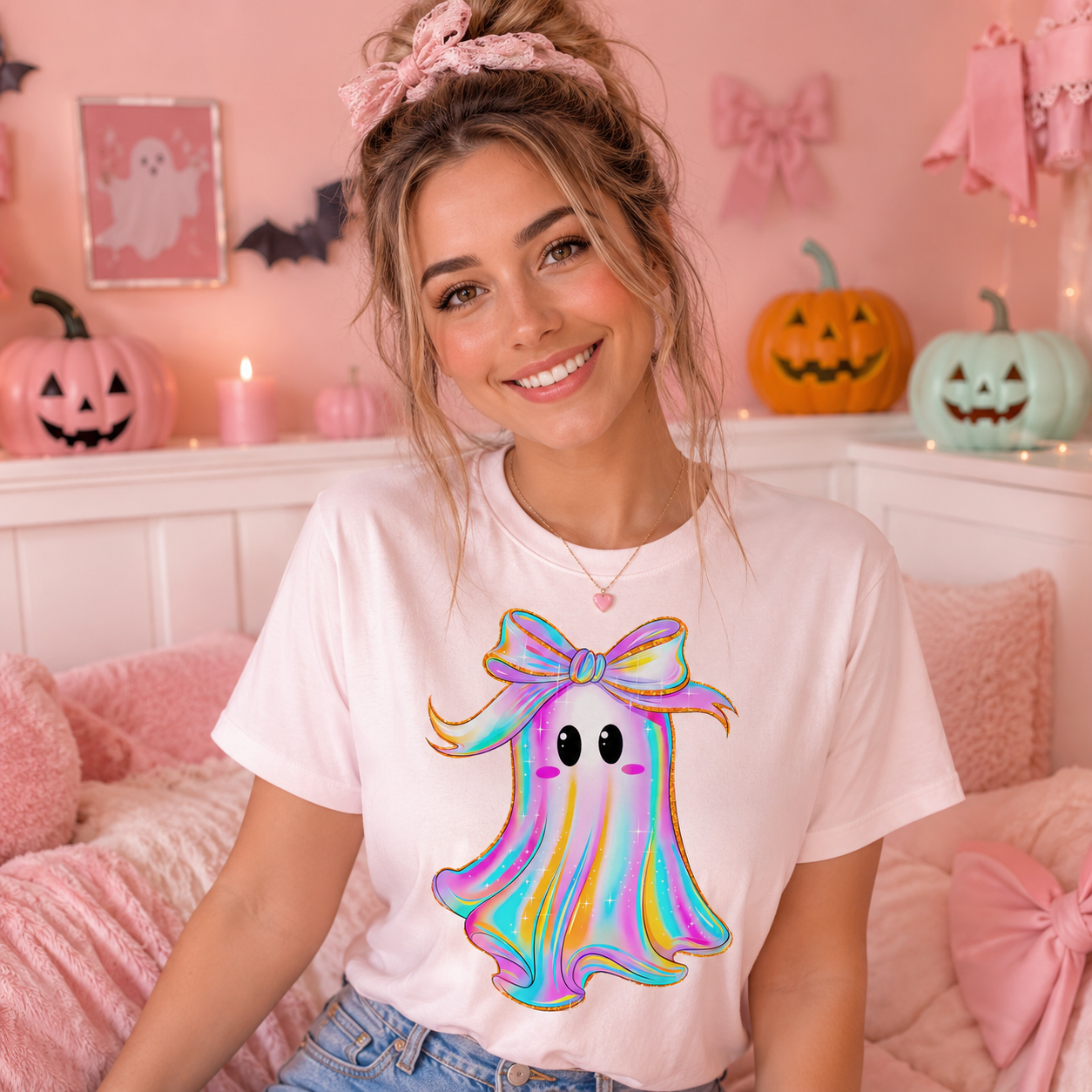 A woman wearing a light pink t-shirt with a colorful holographic ghost graphic, posed in a cozy pink Halloween-themed bedroom.