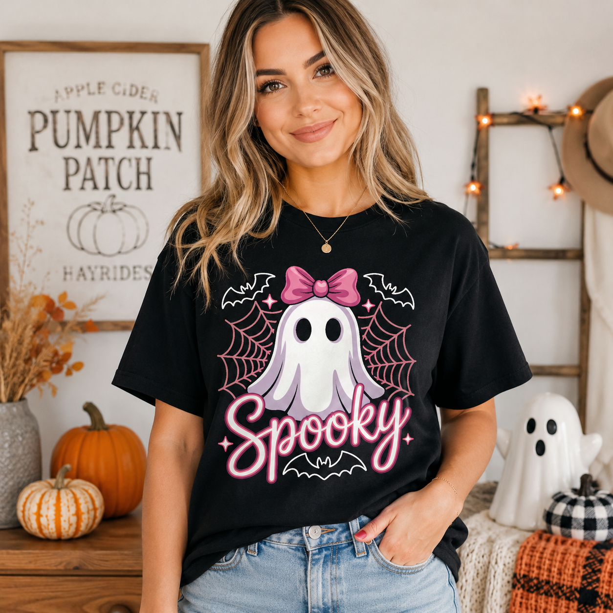 A woman wearing a black graphic t-shirt with a 'Spooky' ghost design, posed in a cozy, decorated autumn-themed room.
