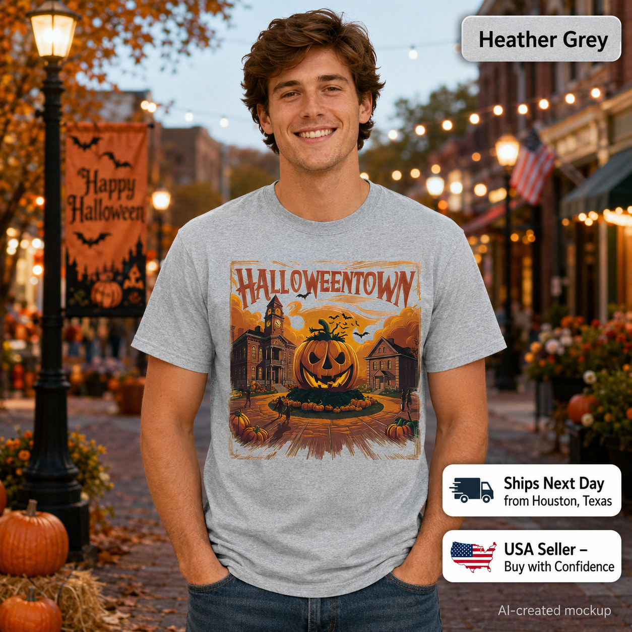 A man wearing a heather grey t-shirt with a Halloween-themed graphic print that reads 'HALLOWEENTOWN' above a jack-o'-lantern and haunted house scene. The background is a blurred Halloween street scene with pumpkins, lights, and lampposts.
