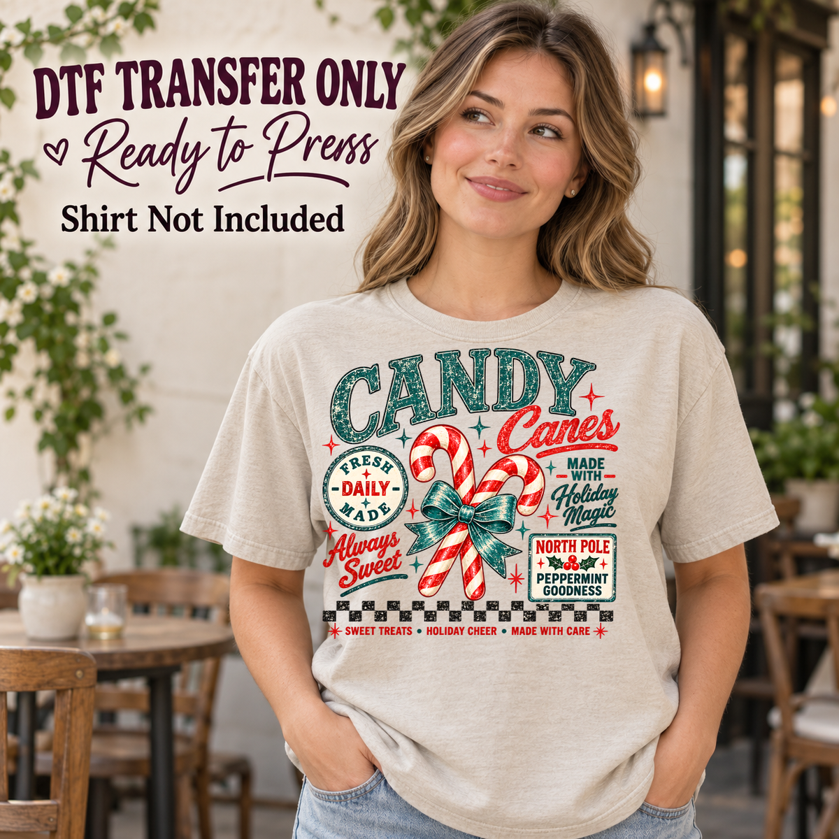 Christmas Candy Canes Vintage Sign design shown on a cream shirt worn by a model; DTF transfer only, shirt not included.