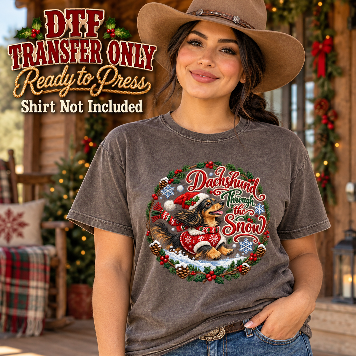 Christmas Dachshund Snow Wreath design shown on a charcoal shirt worn by a model; DTF transfer only, shirt not included.