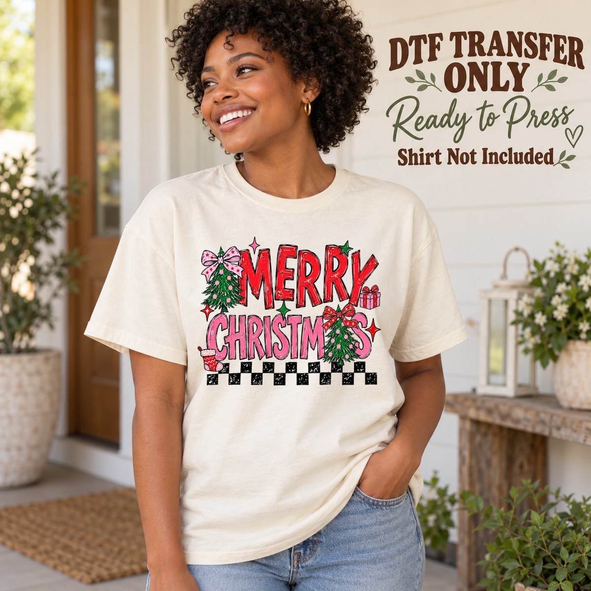 Christmas Merry Checkered Bows design shown on a cream shirt worn by a model; DTF transfer only, shirt not included.