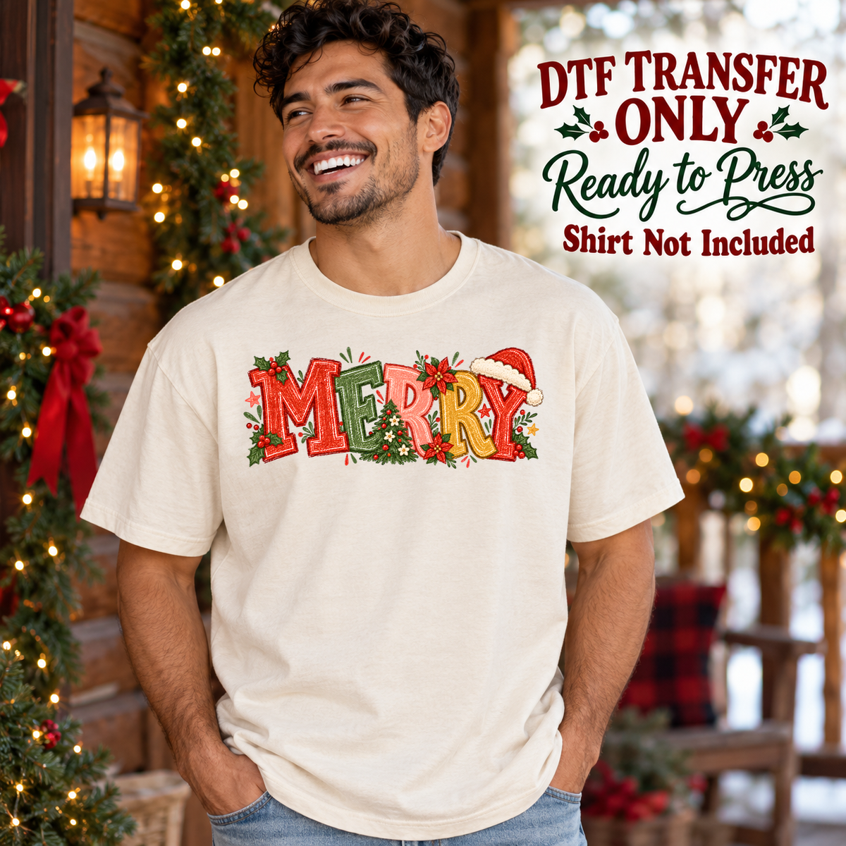 Christmas Merry Patchwork Letters design shown on a cream shirt worn by a model; DTF transfer only, shirt not included.