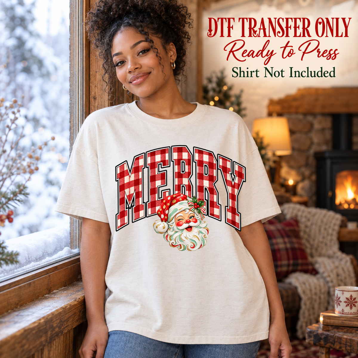 Christmas Merry Plaid Santa design shown on a cream shirt worn by a model; DTF transfer only, shirt not included.