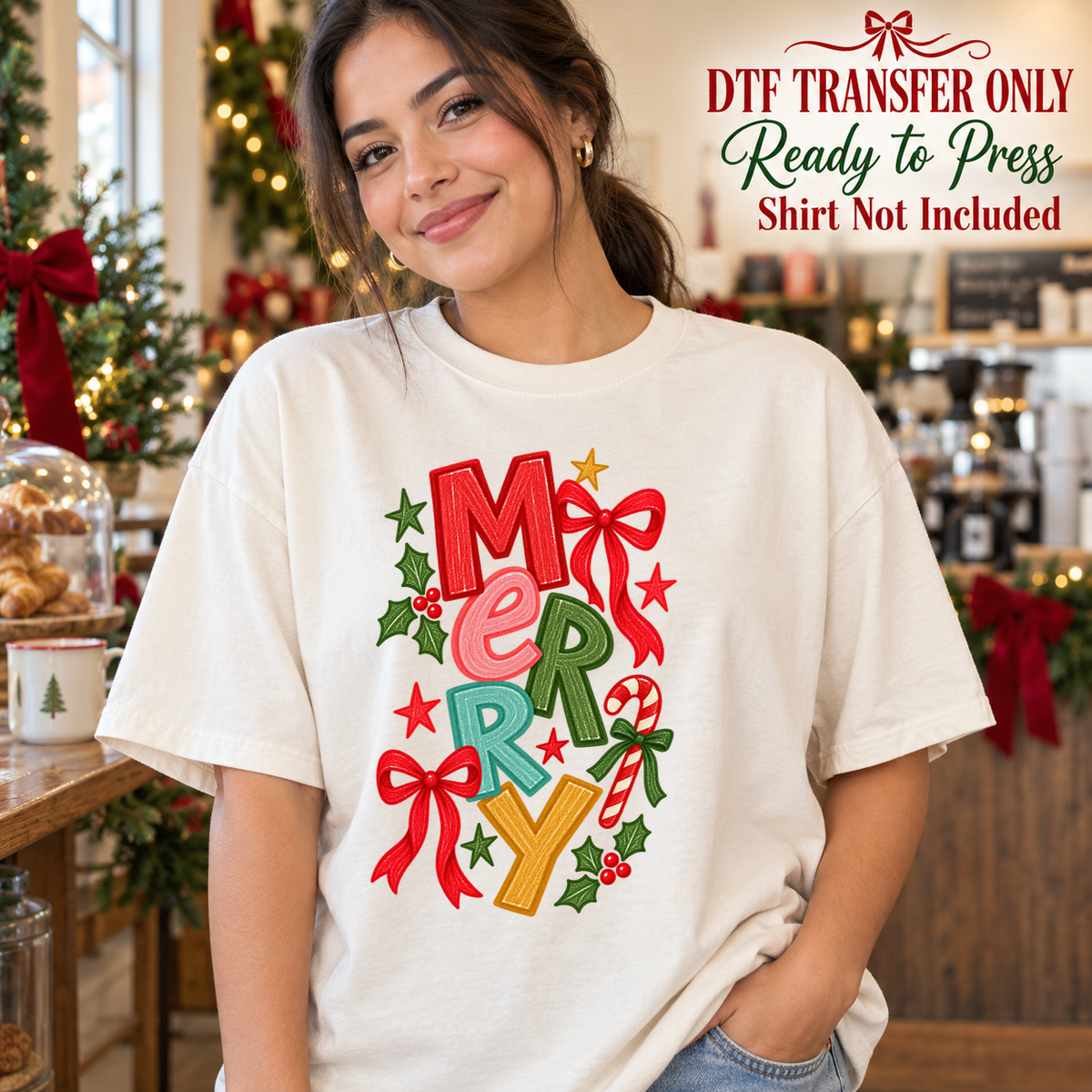 Christmas Merry Stacked Bows design shown on a cream shirt worn by a model; DTF transfer only, shirt not included.