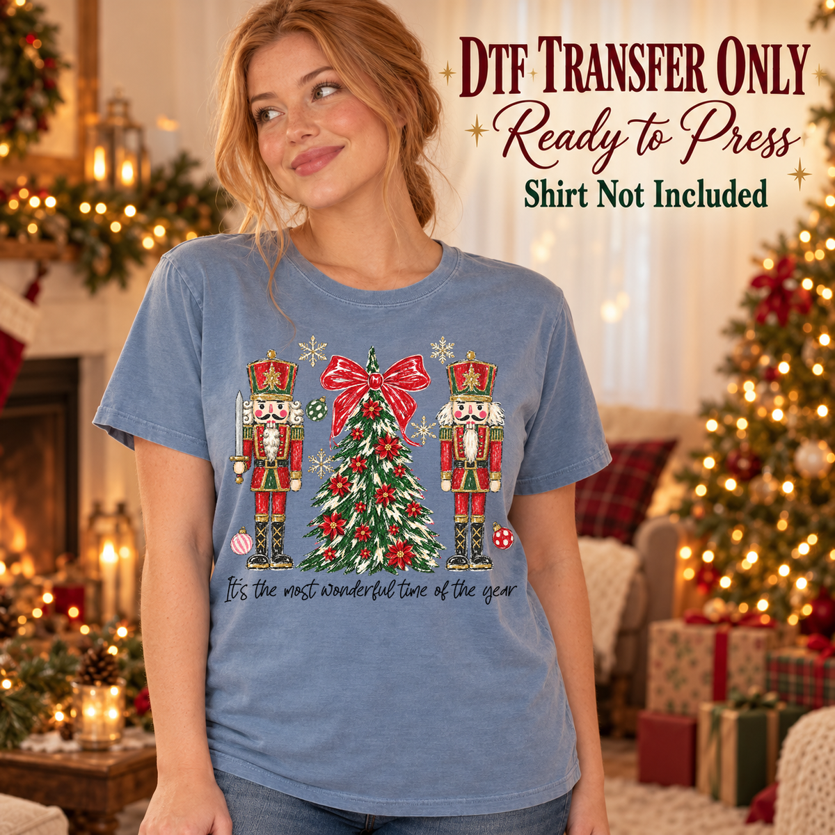 Christmas Nutcracker Tree Bow design shown on a blue shirt worn by a model; DTF transfer only, shirt not included.