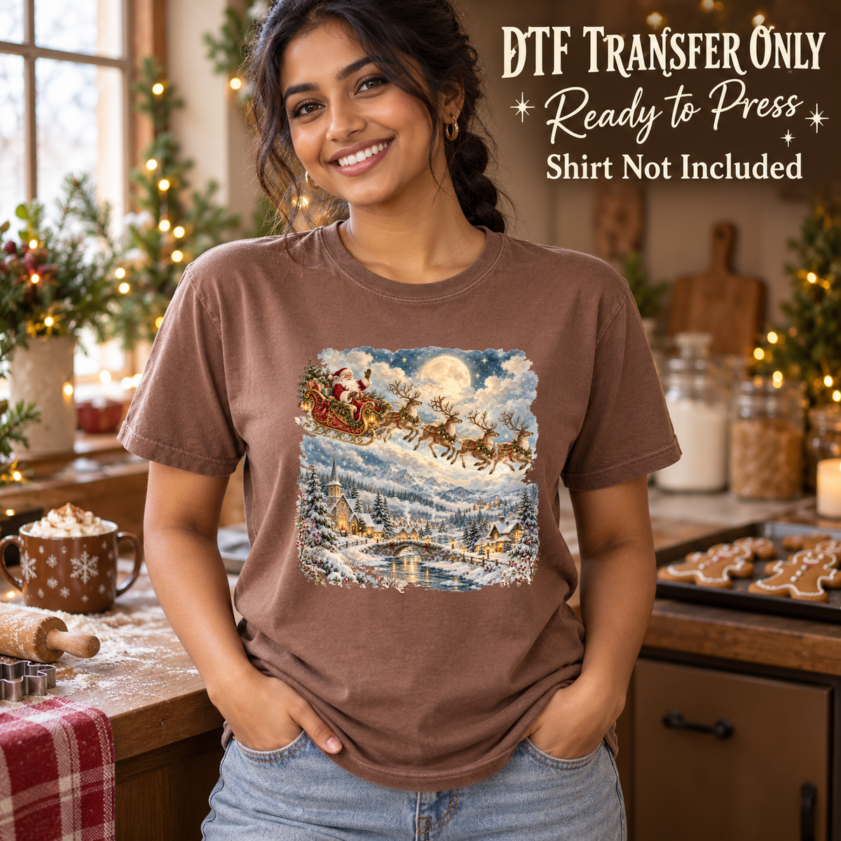 Christmas Santa Sleigh Snowy Village design shown on a brown shirt worn by a model; DTF transfer only, shirt not included.