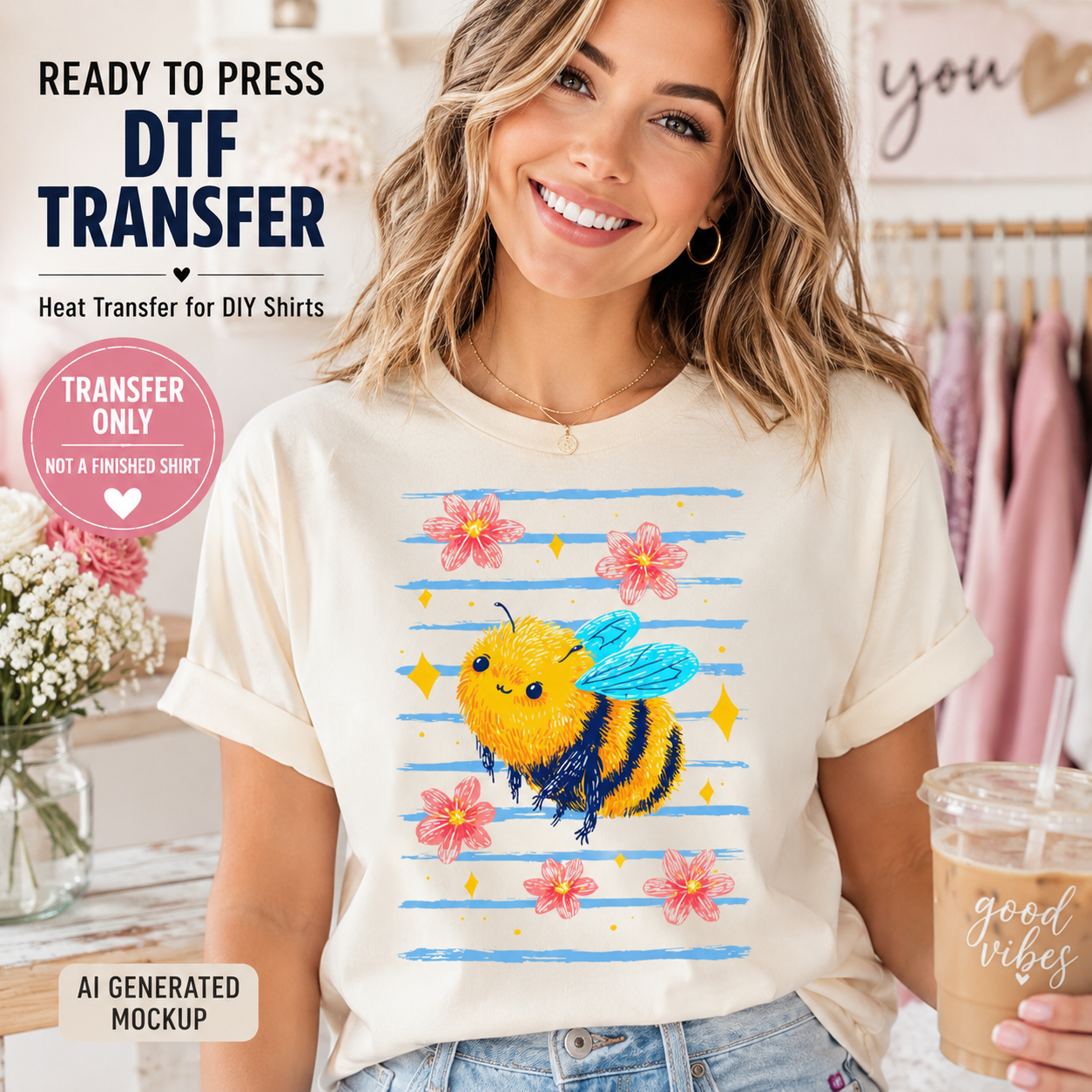Woman wearing a t-shirt with a bee design, holding a coffee cup, with text about DTF transfers.