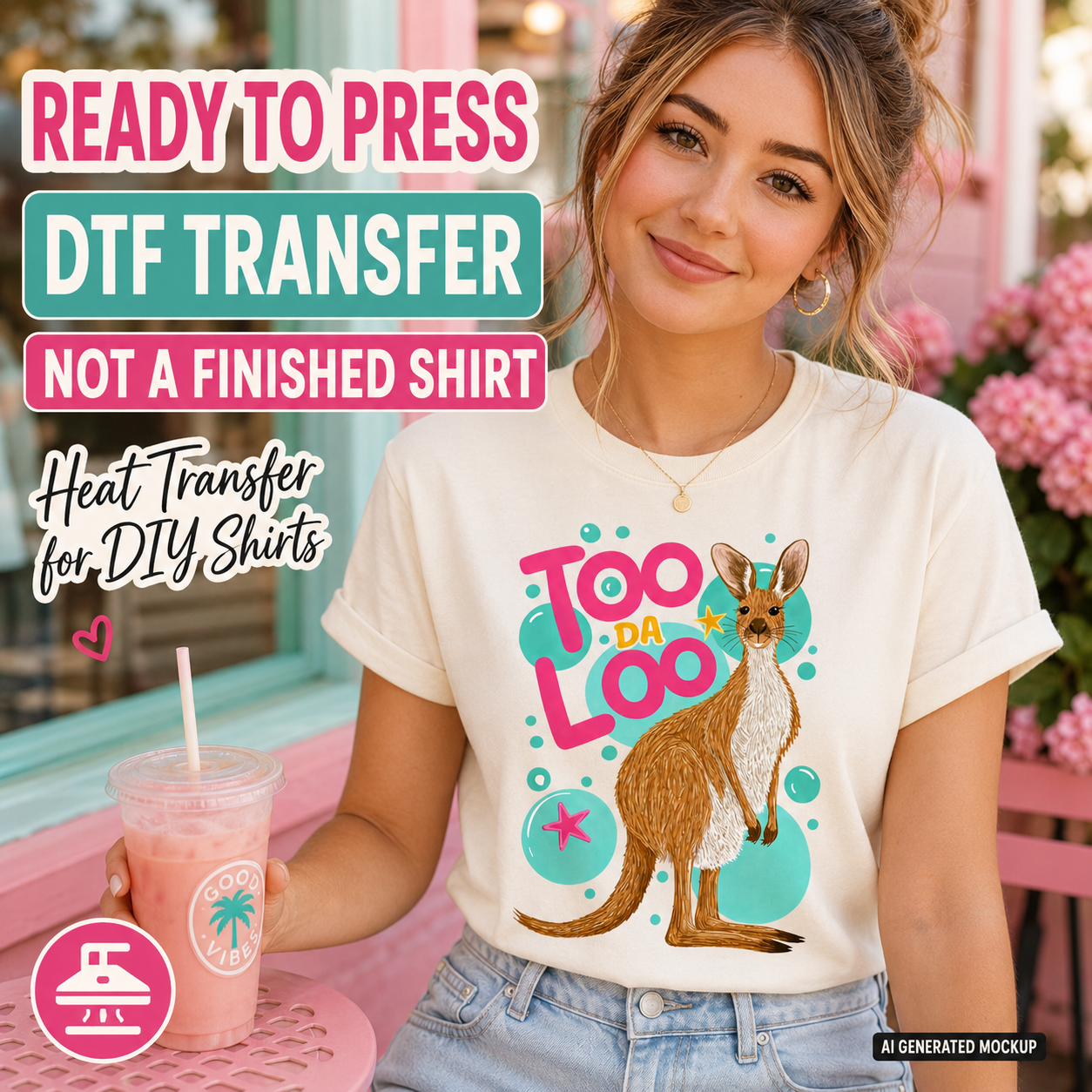 Woman wearing a t-shirt with a kangaroo design and 'Too Da Loo' text, holding a pink drink.