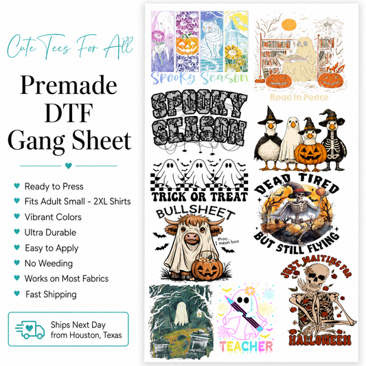A promotional graphic for a premade DTF gang sheet featuring multiple Halloween-themed graphic designs on a white background, with text listing features such as fit, colors, durability, and shipping details.