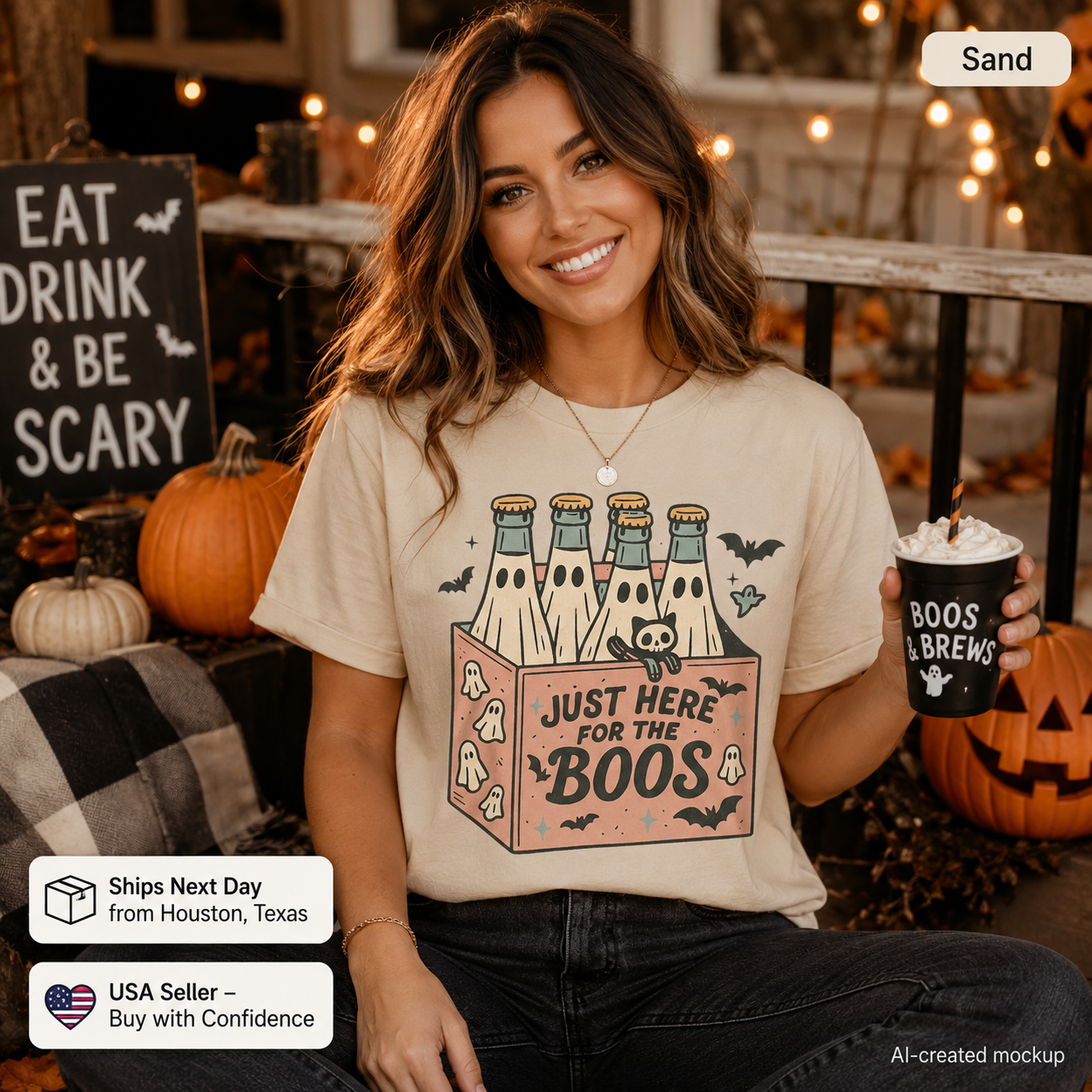 A woman wearing a beige graphic t-shirt with a Halloween-themed ghost-and-cocktail print, holding a black drink cup in a decorated outdoor patio setting with pumpkins and string lights.