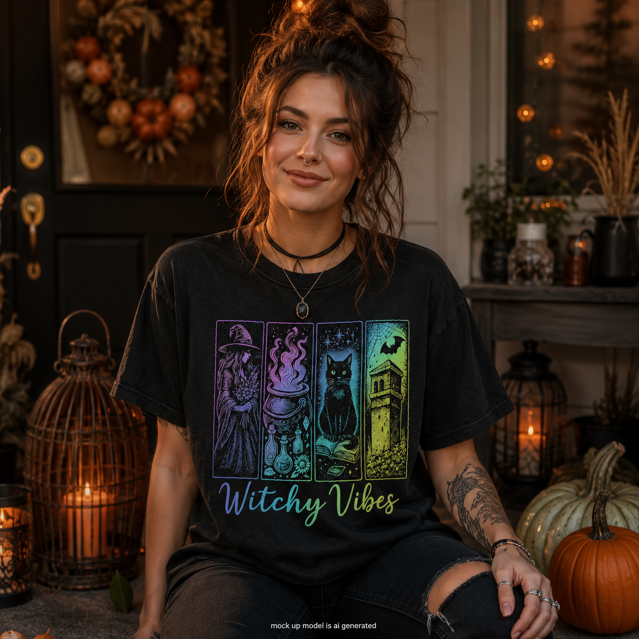 A woman wearing a black graphic t-shirt with a colorful 'Witchy Vibes' print, posed in a cozy, decorated autumnal home setting with pumpkins and lanterns.