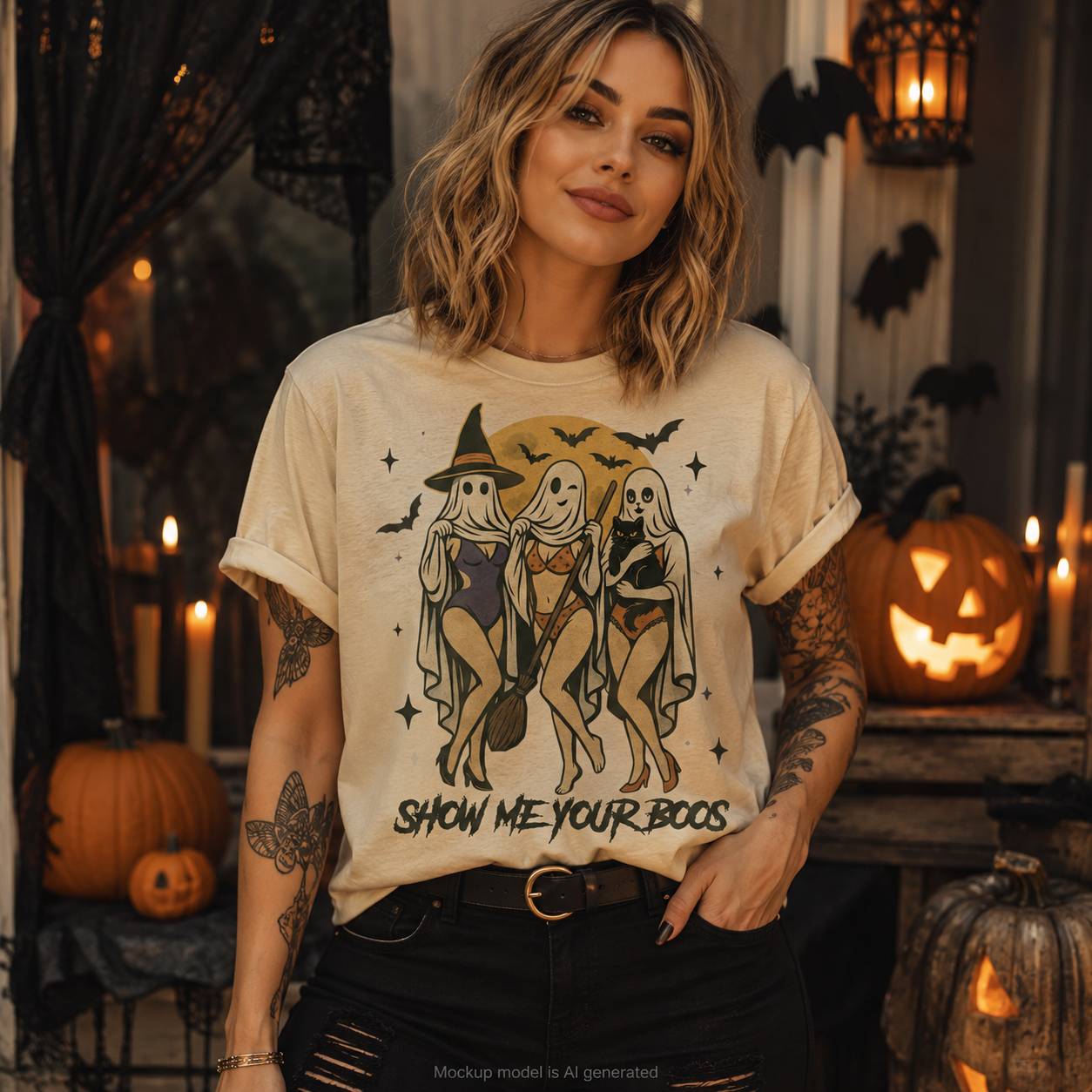 A woman wearing a cream-colored graphic t-shirt with a Halloween design of three ghosts and the text 'SHOW ME YOUR BOOS', posed in a spooky, decorated room with pumpkins and candles.