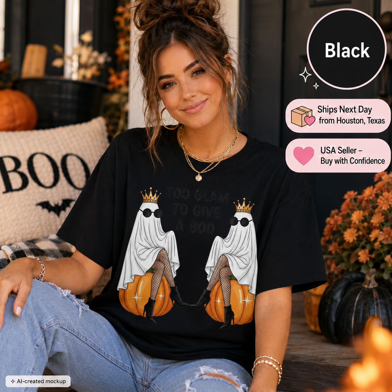 A woman wearing a black graphic t-shirt with a Halloween ghost design, sitting in a cozy autumn-themed setting with pumpkins and fall decorations. The image includes promotional badges indicating the color is black and shipping details.