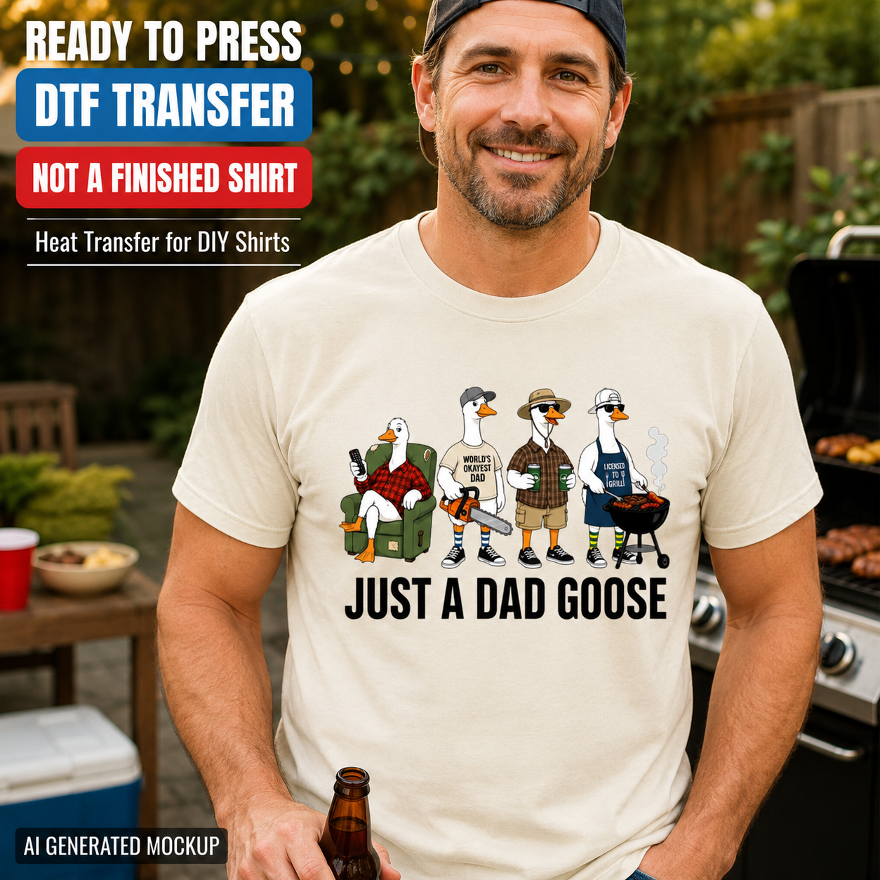 Man wearing a t-shirt with 'Just a Dad Goose' design and holding a beer, with text about DTF transfers.