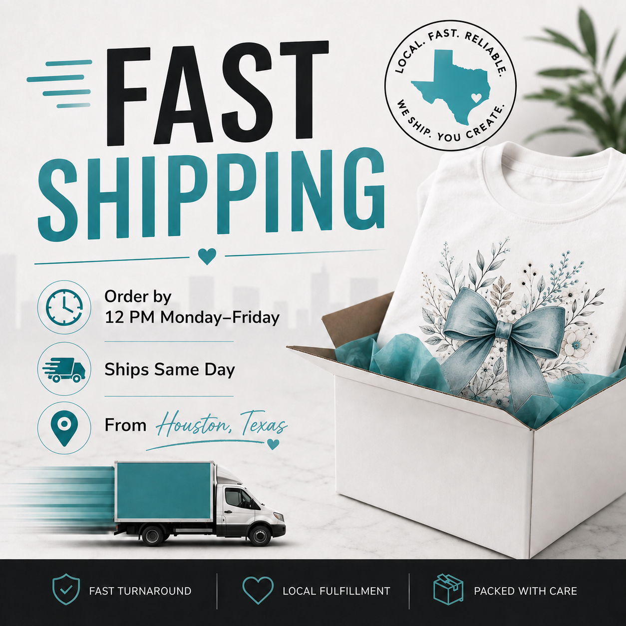 Promotional graphic for a white crewneck t-shirt with a teal and gray floral bow design, nestled inside a white cardboard shipping box. The graphic includes text highlighting 'FAST SHIPPING' with order-by-date and shipping details, a small illustration of a delivery truck, and a circular badge that reads 'LOCAL.