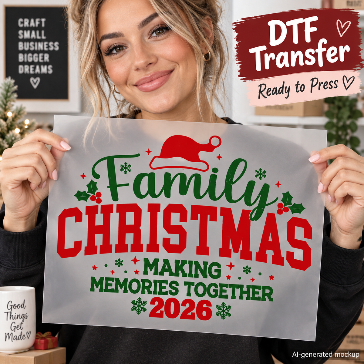 Family Christmas 2026 DTF transfer mockup on a cream T-shirt featuring red and green holiday lettering, Santa hat, holly, snowflakes, and festive Christmas décor.