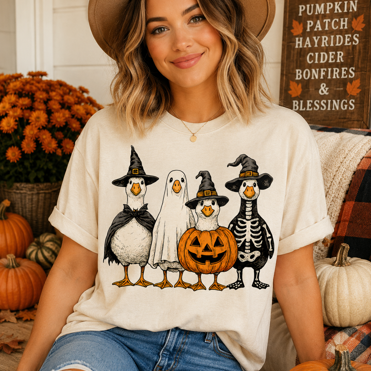 A woman wearing a cream-colored t-shirt with a graphic of four cartoon penguins dressed in Halloween costumes (witch, ghost, skeleton, and pumpkin). She is wearing a brown wide-brim hat and blue jeans, sitting in a cozy, autumn-themed setting with pumpkins and fall decorations.