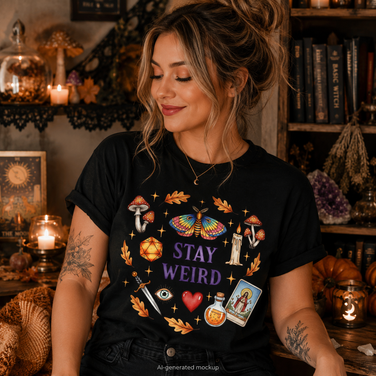 A woman wearing a black graphic t-shirt with a colorful 'STAY WEIRD' design featuring a butterfly, mushrooms, candles, and tarot cards, set against a cozy, warmly lit background of shelves and candles.