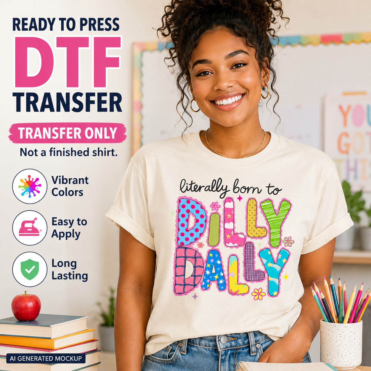 Person wearing a t-shirt with colorful text, standing in a classroom setting.